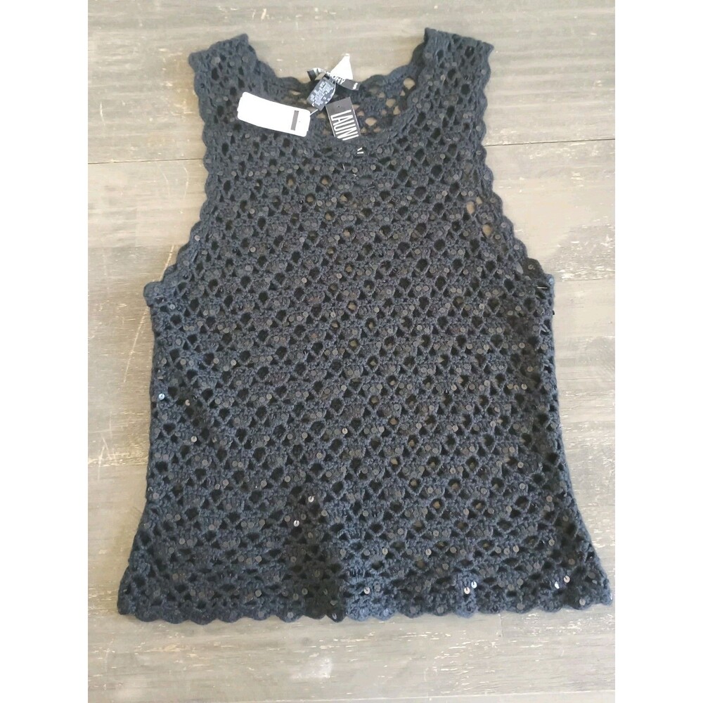 Laundry By Shelli Segal Black Crochet Sequin Top New No Under Tank - Picture 4 of 8